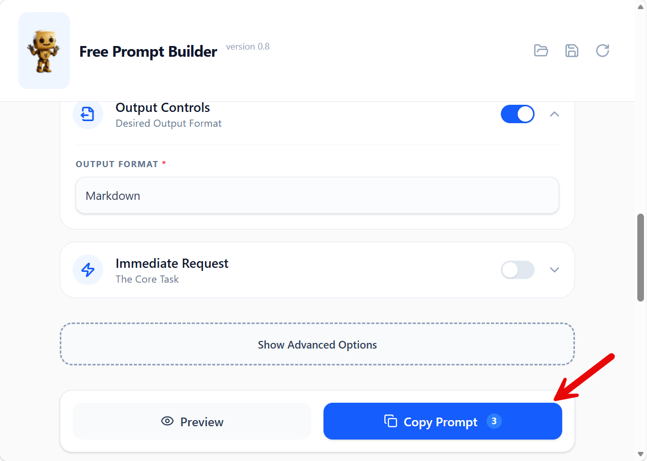Screenshot of the Preview and Copy Prompt buttons at the bottom of the screen.