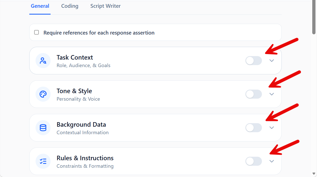 Screenshot of the General tab showing a toggled section card.