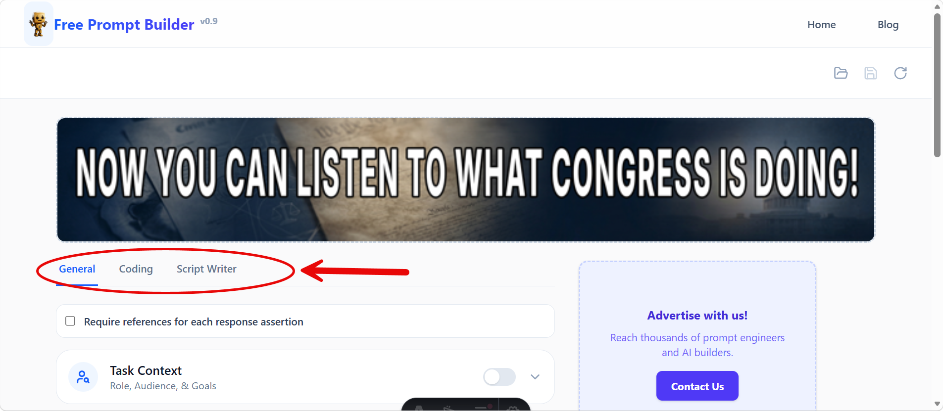 Screenshot showing the main navigation tabs: General, Coding, and Script Writer.