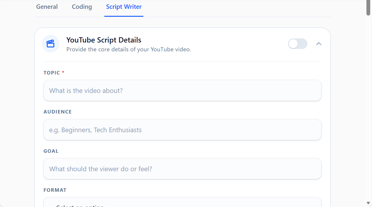 Screenshot of the Script Writer tab.