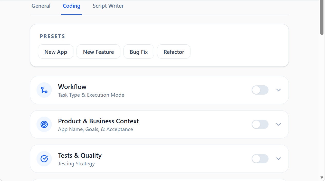 Screenshot of the Vibe Coding interface showing presets and input fields.