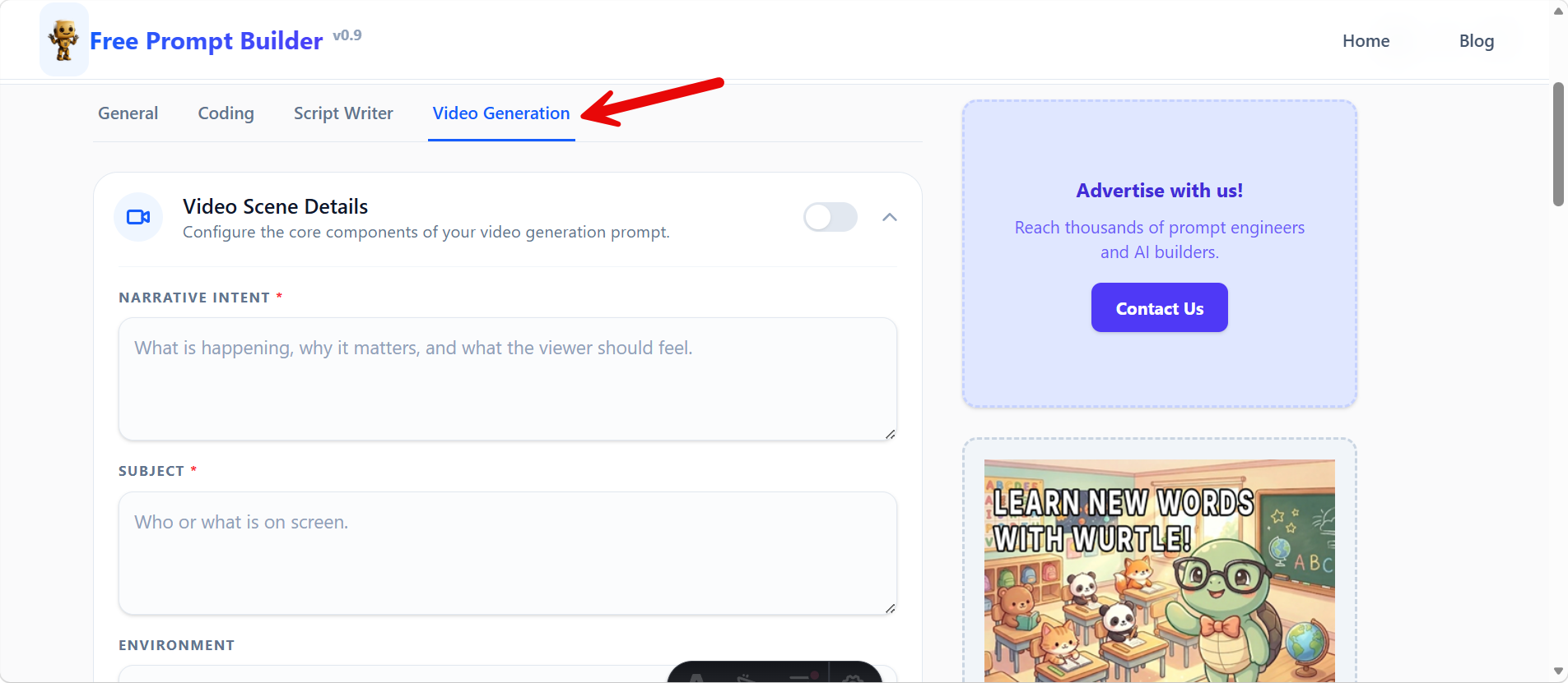 Screenshot of the Video Generation tab showing scene parameters.