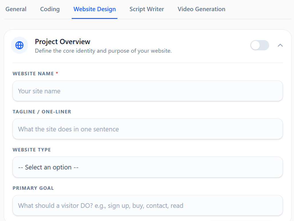 Screenshot of the Web Design interface.
